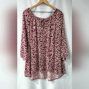 Como Blu Womens Floral Top‎ Size 3X Maroon Metallic Stripes Cottagecore Bohemian